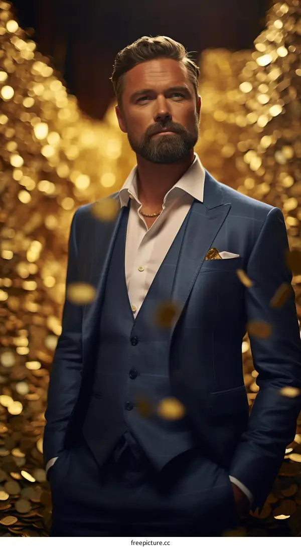 Confident man standing in a room full of gold coins