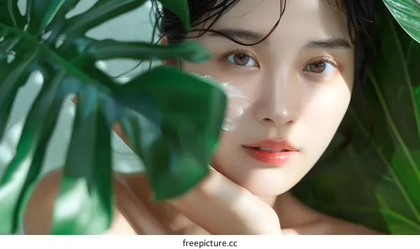 Woman Applying Face Cream With Green Leaves