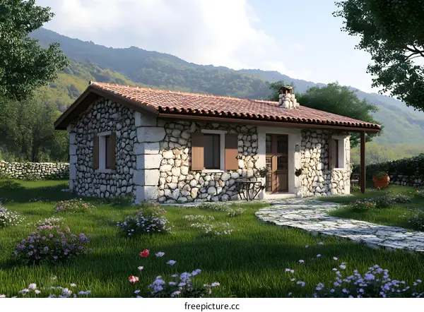 Stone Cottage with Brown Roof in a Lush Green Landscape