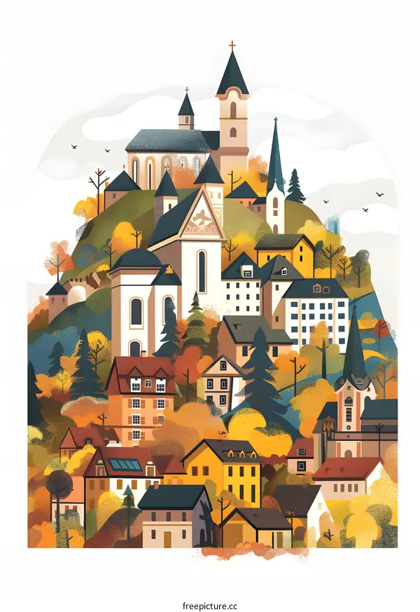 Autumnal Village with Church and Houses