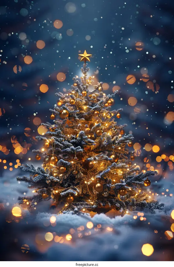 Christmas Tree with Golden Shiny Lights