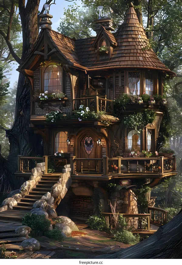 fantasy tree house in the woods