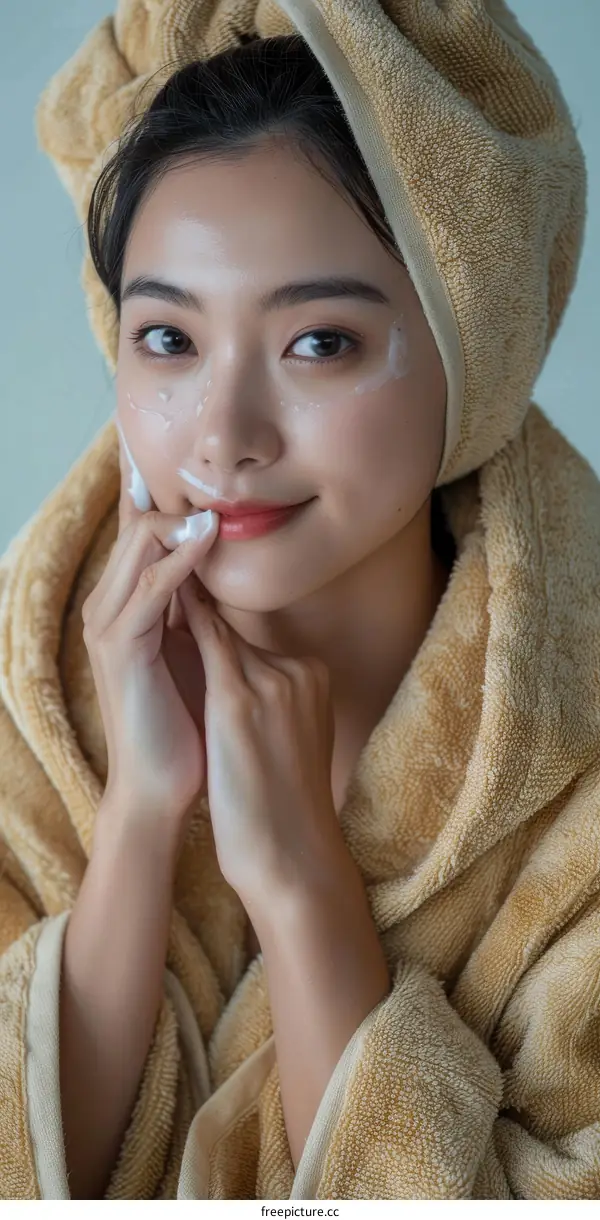 Young woman applying facial cream