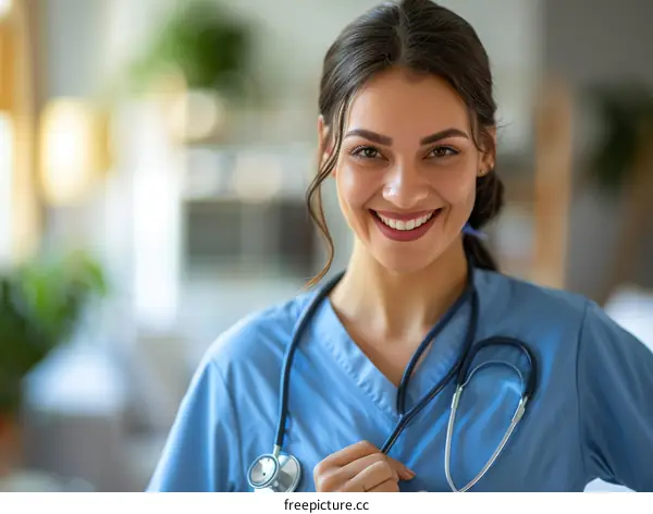 Close-up portrait of a smiling female doctor in blue uniform