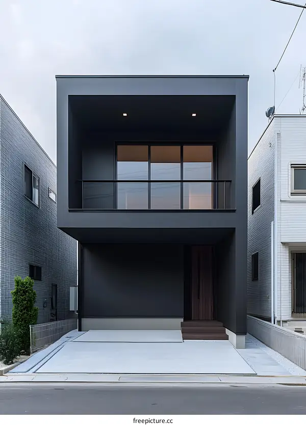 Modern Black House with Balcony and Concrete Driveway