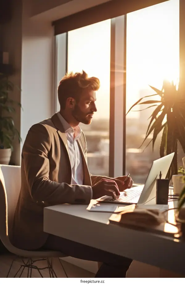 Businessman working on laptop in modern office