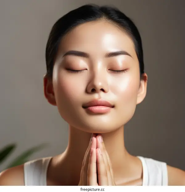 Portrait of a young Asian woman with her eyes closed and her hands clasped in front of her chest