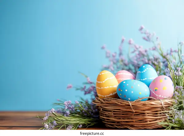 Easter Eggs in a Basket with Flowers