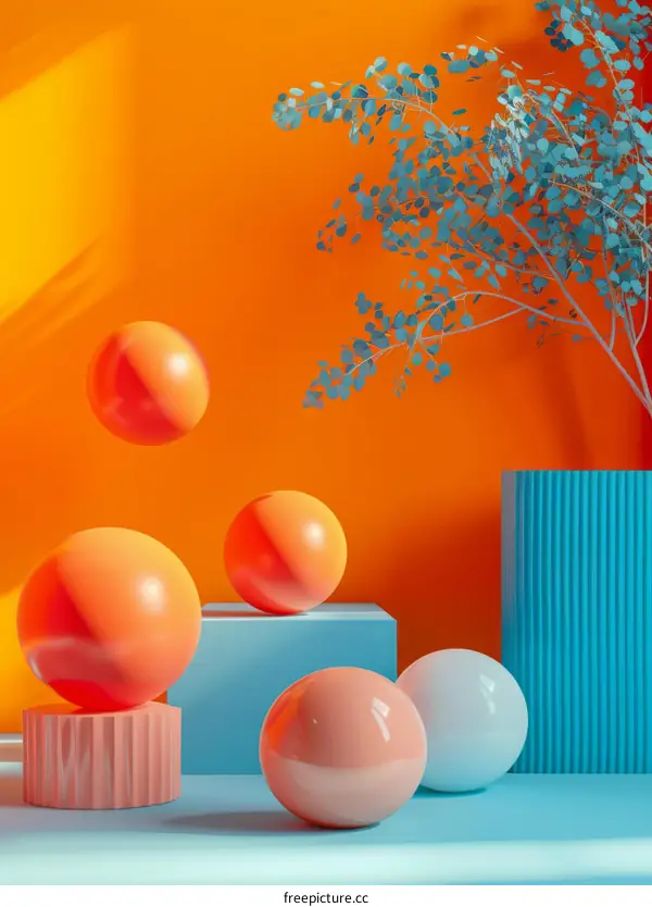 3D rendering of spheres and a plant against an orange background
