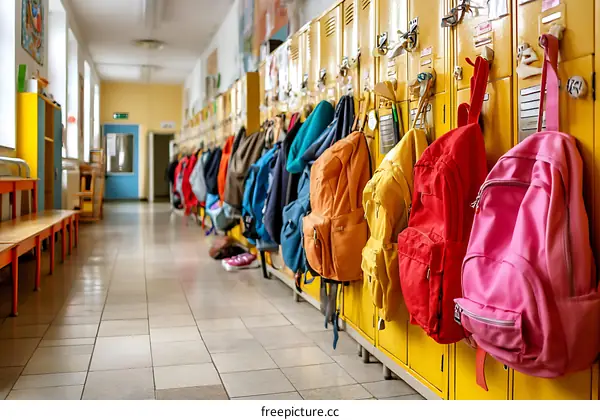 Colorful Backpacks in a School Corridor