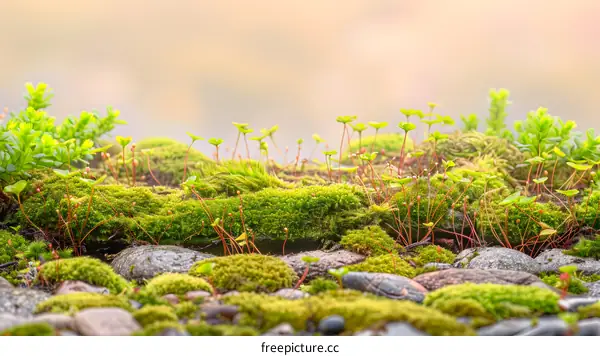 Green Moss Growing On Stones In The Sunlight