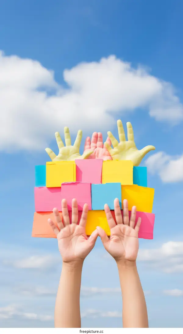 Imaginative Children Hold Up Colorful Cardboard Blocks Against a Blue Sky