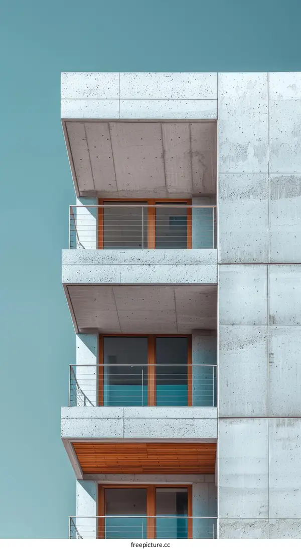 Balconies of a concrete apartment building with blue sky background