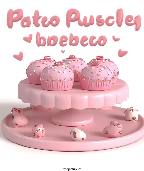 Pink Cupcakes On A Cake Stand With Hearts