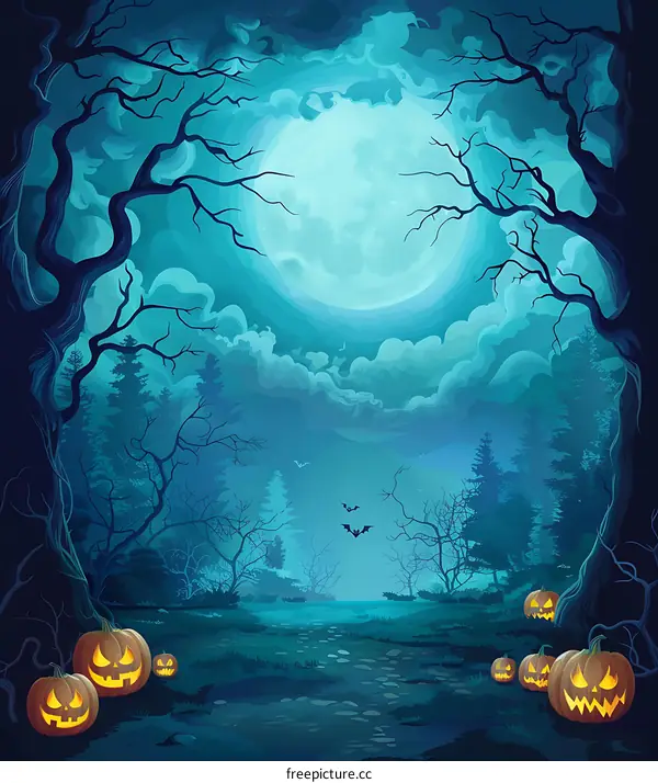 Halloween Forest Night Illustration With Full Moon And Pumpkins