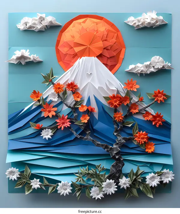 Origami Mount Fuji with Cherry Blossoms and the Sun
