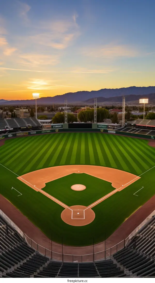 Baseball field with sunset and mountains in background