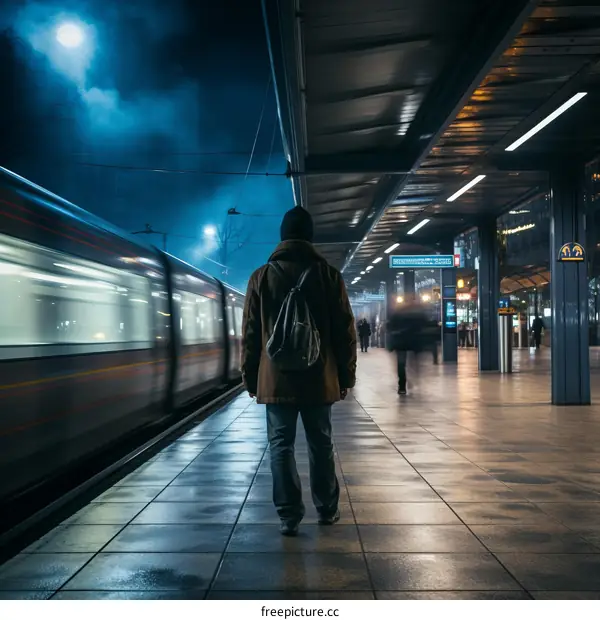 Man in a brown coat standing on a train station platform at night with a blurred train passing by