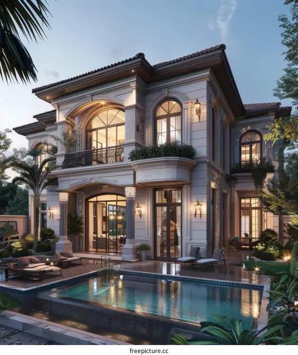 A 3D rendering of a beautiful house with a pool