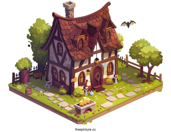 [Transparent Background PNG]Cartoon Illustration of a Medieval Cottage with a Bat