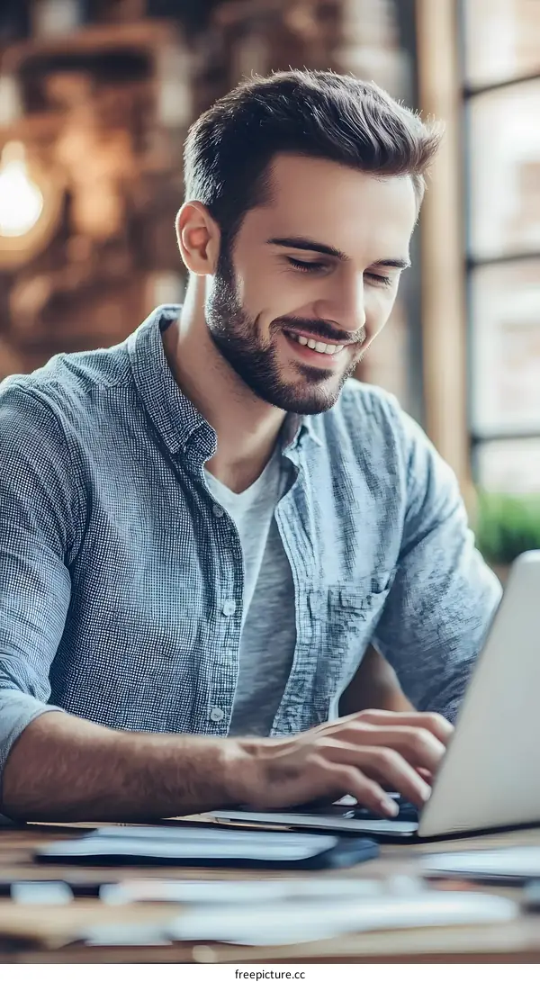 Smiling Man Working on Laptop in Office