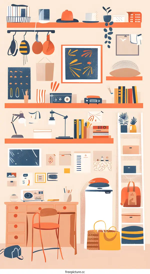 Hand Drawn Illustration of a Home Office Interior Design with Shelves