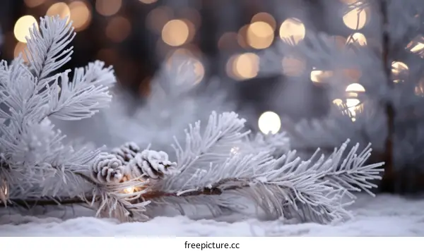 Snowy Pine Branch Lit with Warm Lights