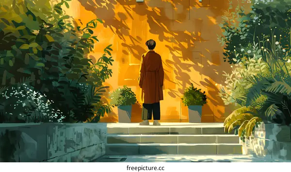 Man Standing on Stairs Outside Building with Plants