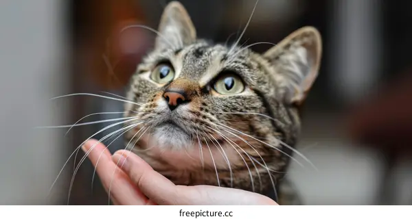 A ginger cat looking up at a person's hand