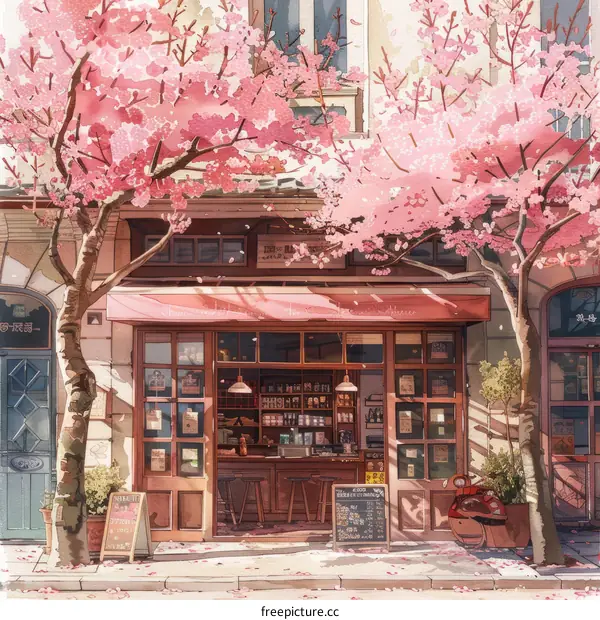 The pink cherry blossom tree in front of the shop