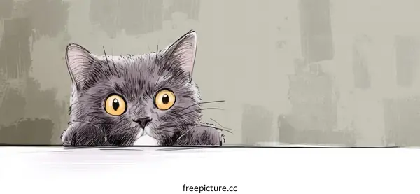 Curious Grey Cat Illustration Peeking Over Table