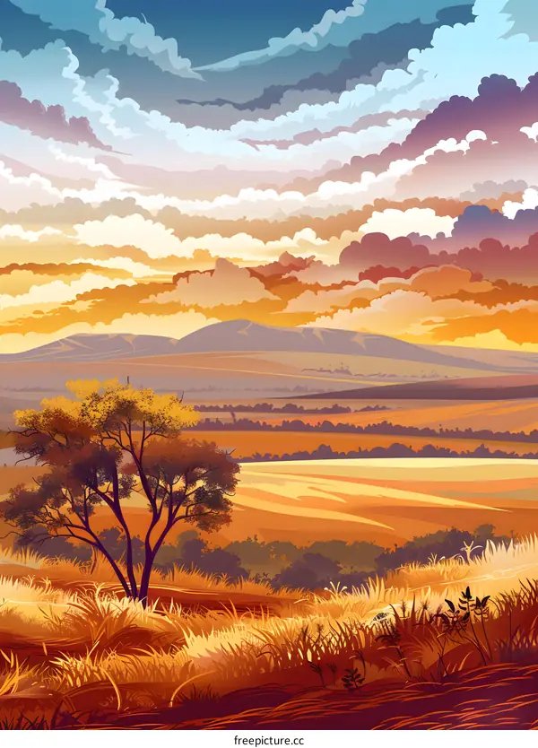 Beautiful Sunset Sky Over Rolling Hills