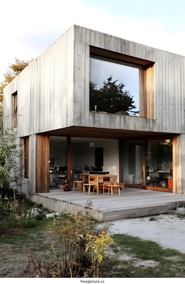 Modern Concrete House with Wooden Deck and Large Windows