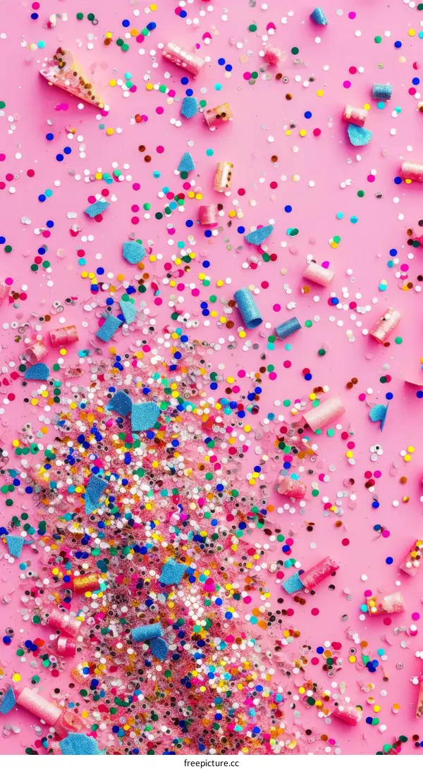 Colorful sprinkles and confetti on a pink background