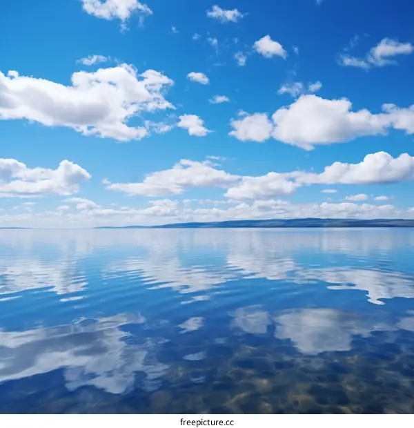 Blue sky and white clouds reflecting on the lake