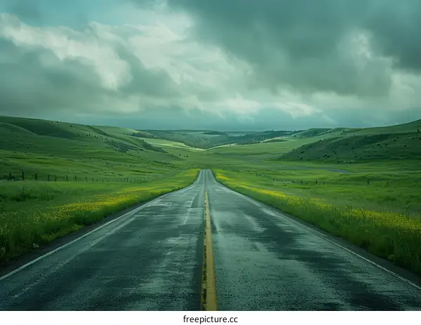 Country Road through Lush Green Pastures under Stormy Skies