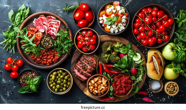 A delicious and healthy meal with steak, vegetables, and fruit