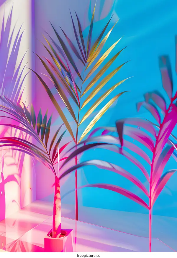 Golden Palm Leaves In Neon Lights
