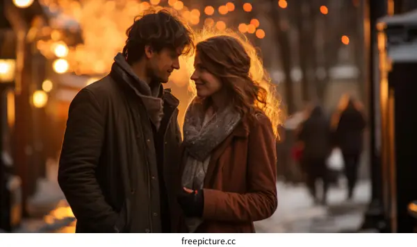 A loving couple is walking in the city during winter time