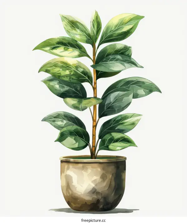 Watercolor Illustration of a Potted Ficus Plant
