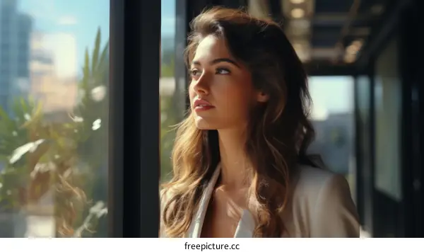A young woman with long brown hair is looking out the window thoughtfully