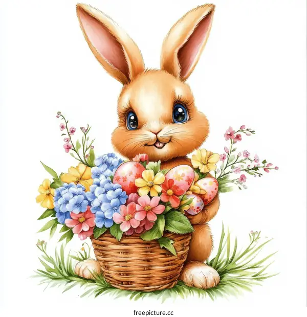 Cute Easter Bunny with Colorful Flowers and Eggs
