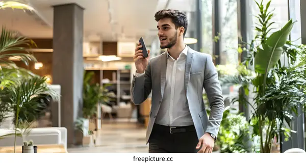 Businessman Talking on Phone in Office with Plants