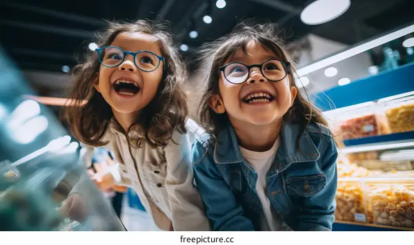 Two young girls wearing glasses are looking at something with excitement