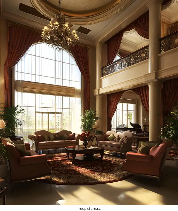 Luxury Living Room with Chandelier and Balcony