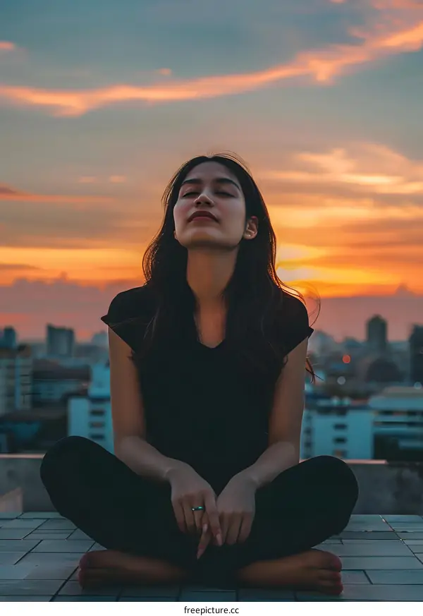 Woman Meditating on Rooftop with Sunset View