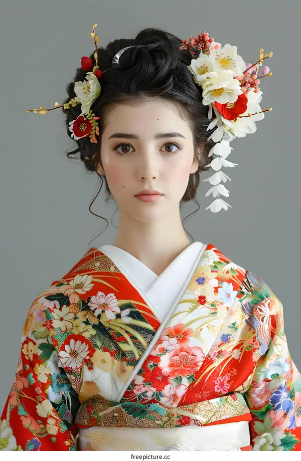 Portrait of a young woman in a kimono with a floral headdress
