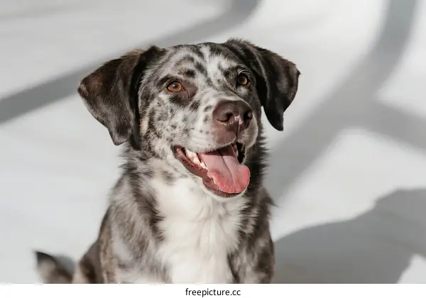 A cute dog with spotted fur looking happy and friendly