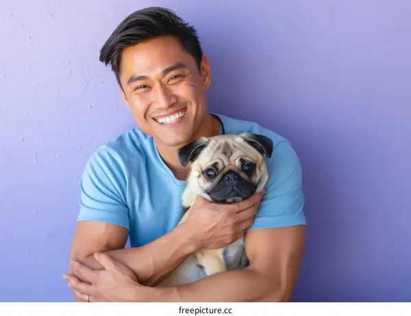 Asian man hugging a pug dog