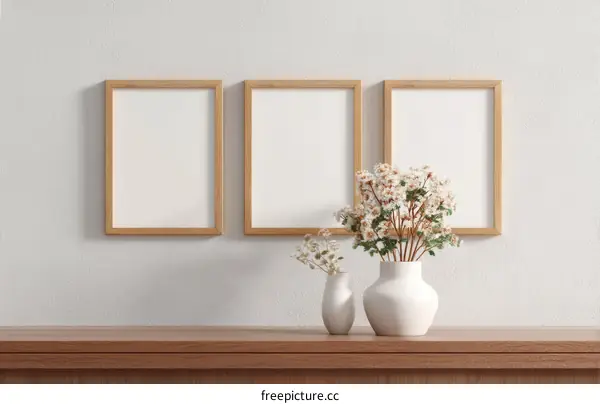 Empty Picture Frames with Flowers on Wooden Table
